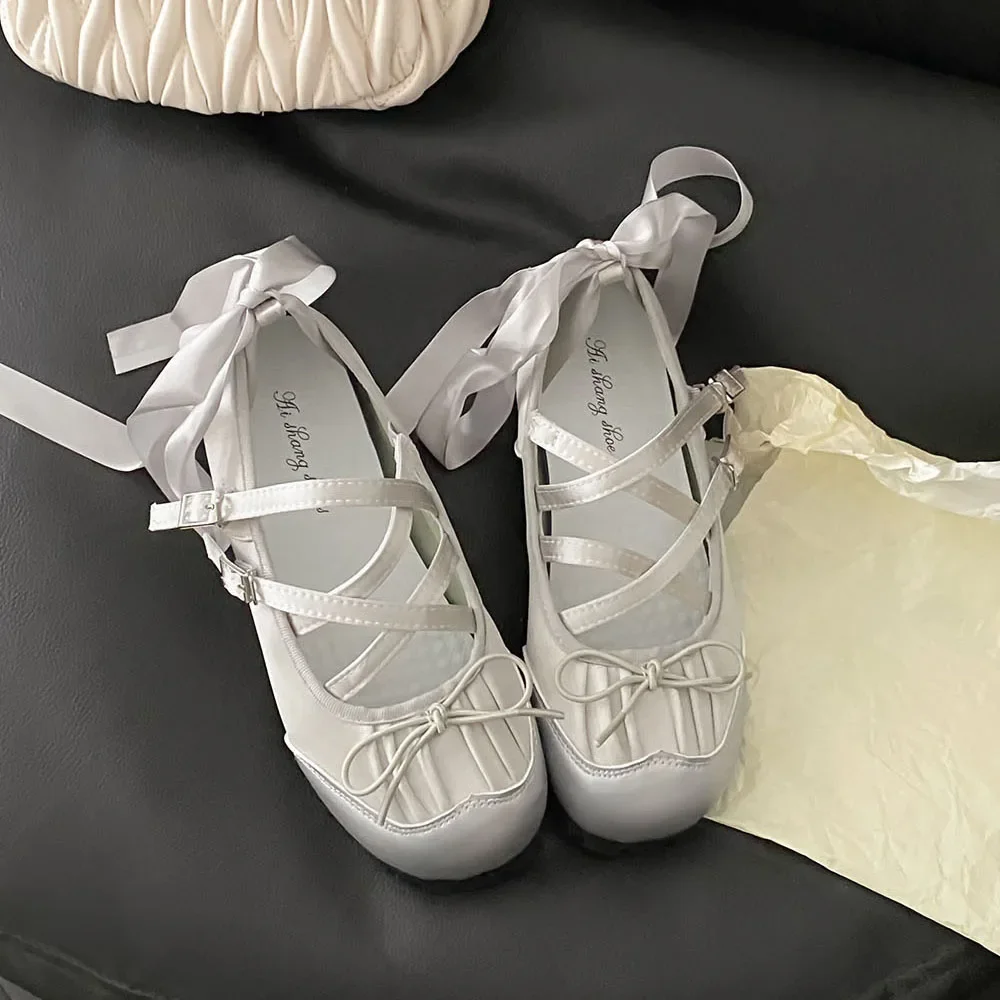 Ballet Flat Mary Jane Shoes Women Soft Bottom Puff Ballerina Slippers Summer French Style Knot Tie Sport Shoes