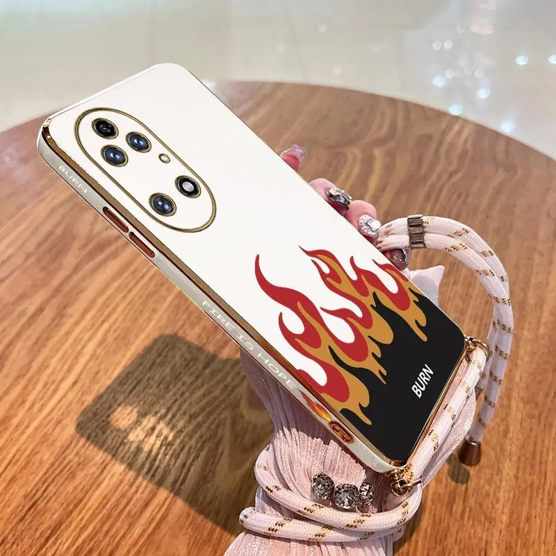 

Hipster Cool Flame Lanyard Plating Phone Case For Huawei P40 P30 P40 P50 Lite P20 Pro Nova 10SE 9SE Mate 50 40 30 Pro Cover