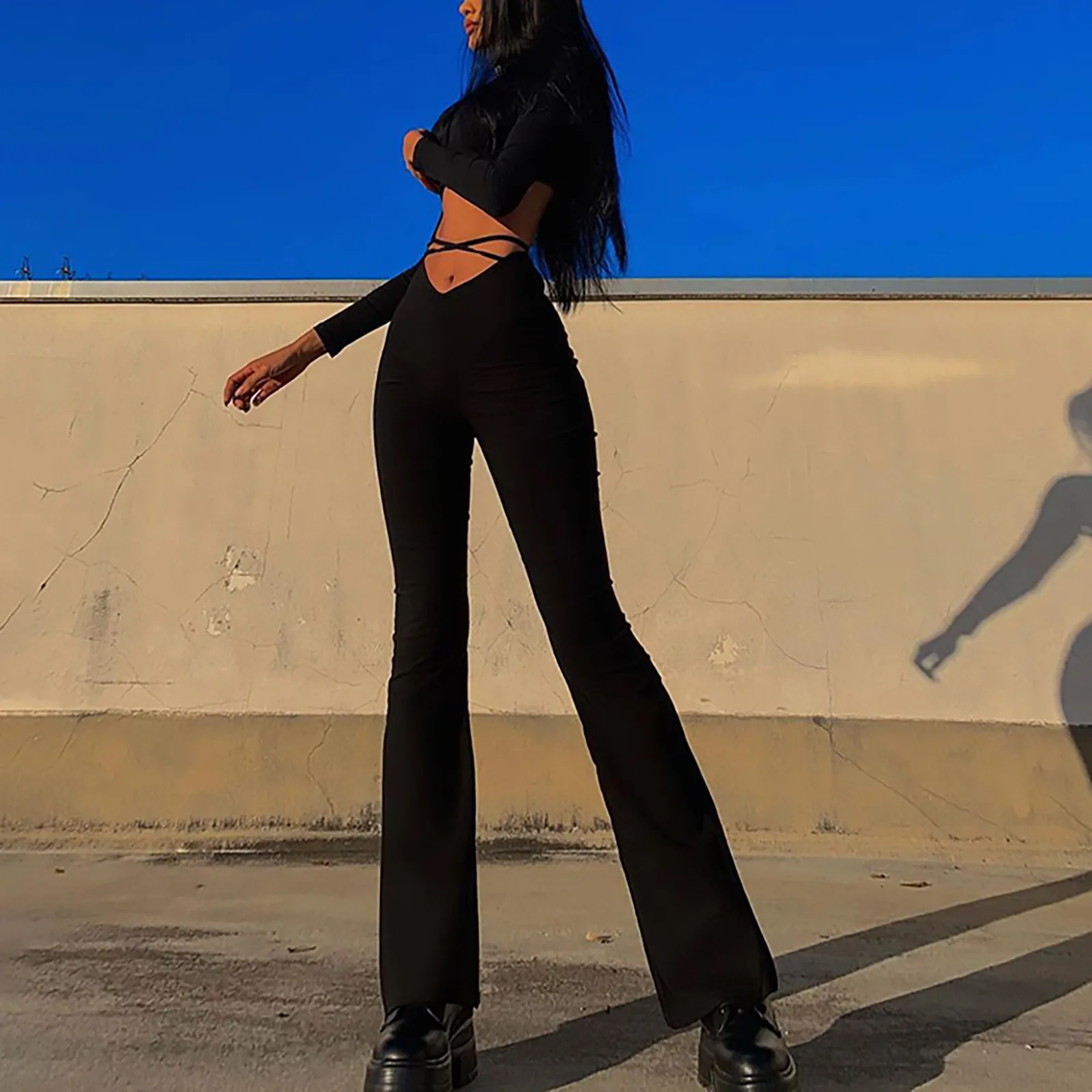 Woman High Waist Slim Skinny Elastic Sexy Trousers Ladies V Waist Cropped Navel Sexy Flared Track Pants