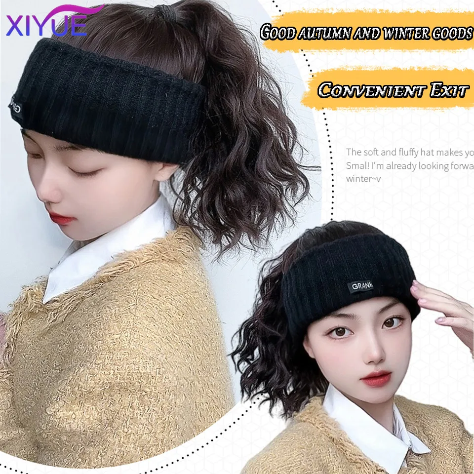 XIYUE Hat and wig integrated for women's autumn and winter warmth sports headbands tie hair curly hair high ponytail wig