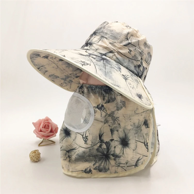 Women Sun Hat Breathable Shawl integrated Picking Tea Hat UV Protection Wide Brim Mesh Sunscreen