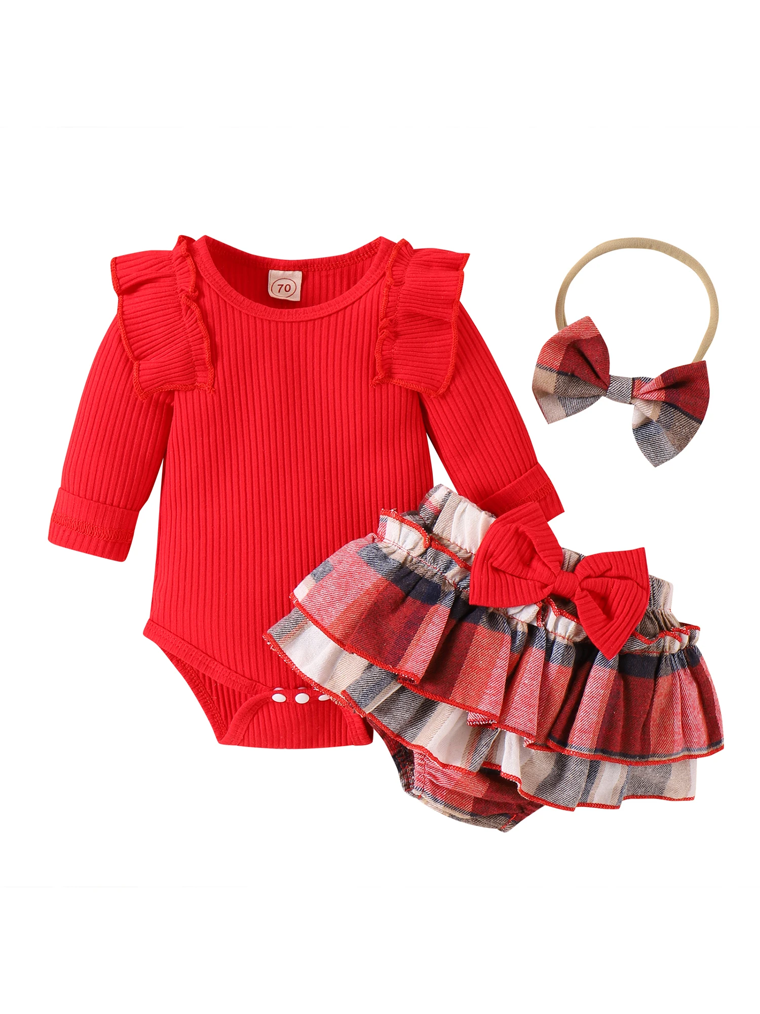 

Adorable 3-Piece Baby Girl Outfit Long Sleeve Ruffle Romper Plaid Shorts and Bow Headband for Fall Fashion Fun