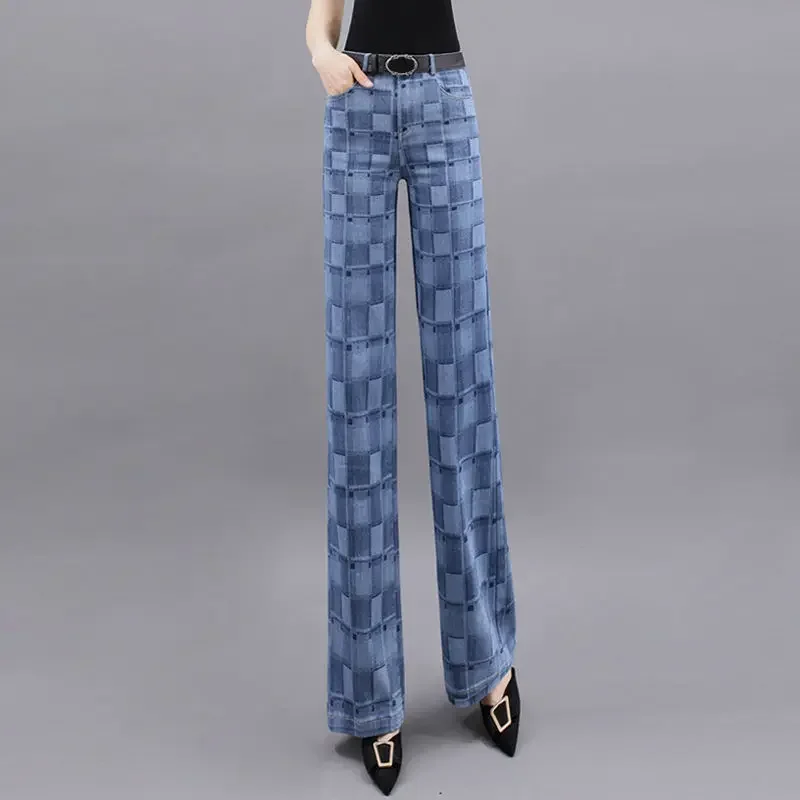 

Pants for Woman Plaid Blue Women's Jeans Straight Leg High Waist Shot Trousers Vibrant 2000s Y2k New in Aesthetic on Sale Baggy