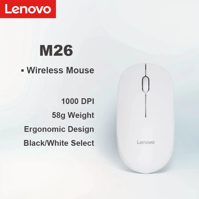 Lenovo M26 무선 마우스 1000 DPI 58G 무게 인체공학적 디자인 검정 흰색 간단하고 휴대 가능한 작동 선택