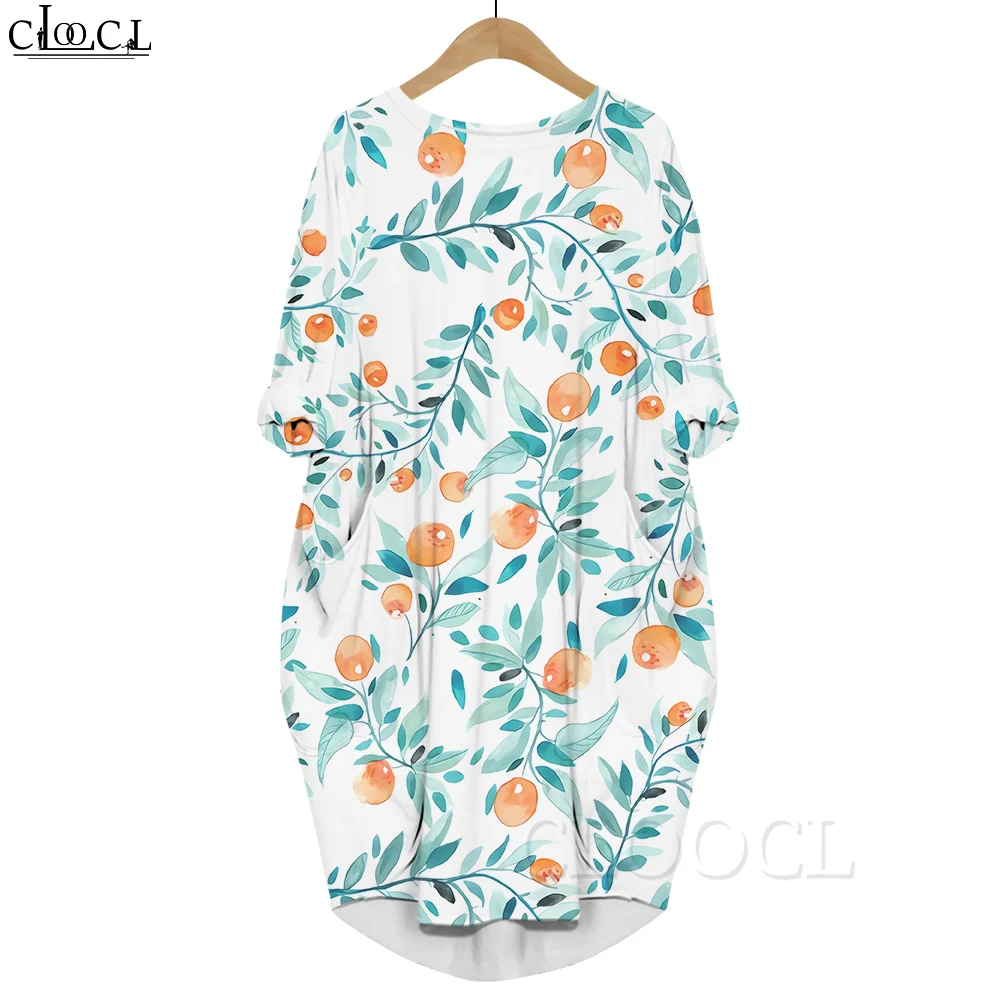 

CLOOCL Women Dress Delicious Berries Pattern 3D Printed Dress Long Sleeve Pocket Dresses Summer Crew Neck Loose Dresses