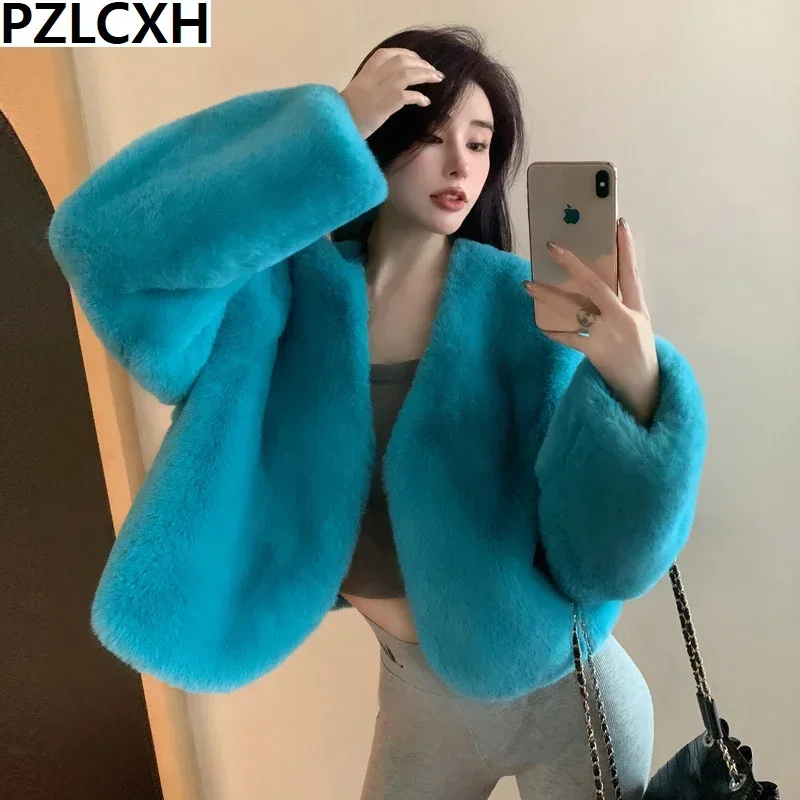 

Women Korea Fashion Warm Solid Feather Coats Winter Fashion Faux Fur Coat Cardigan Short Outercoat Lady Party Elegant Outfits