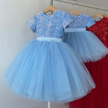 Summer Sequins Bow Party Dress For Girl Christmas Costume Elegant Wedding Princess Girls Dresses Lace Birthday Prom Gown Evening 1