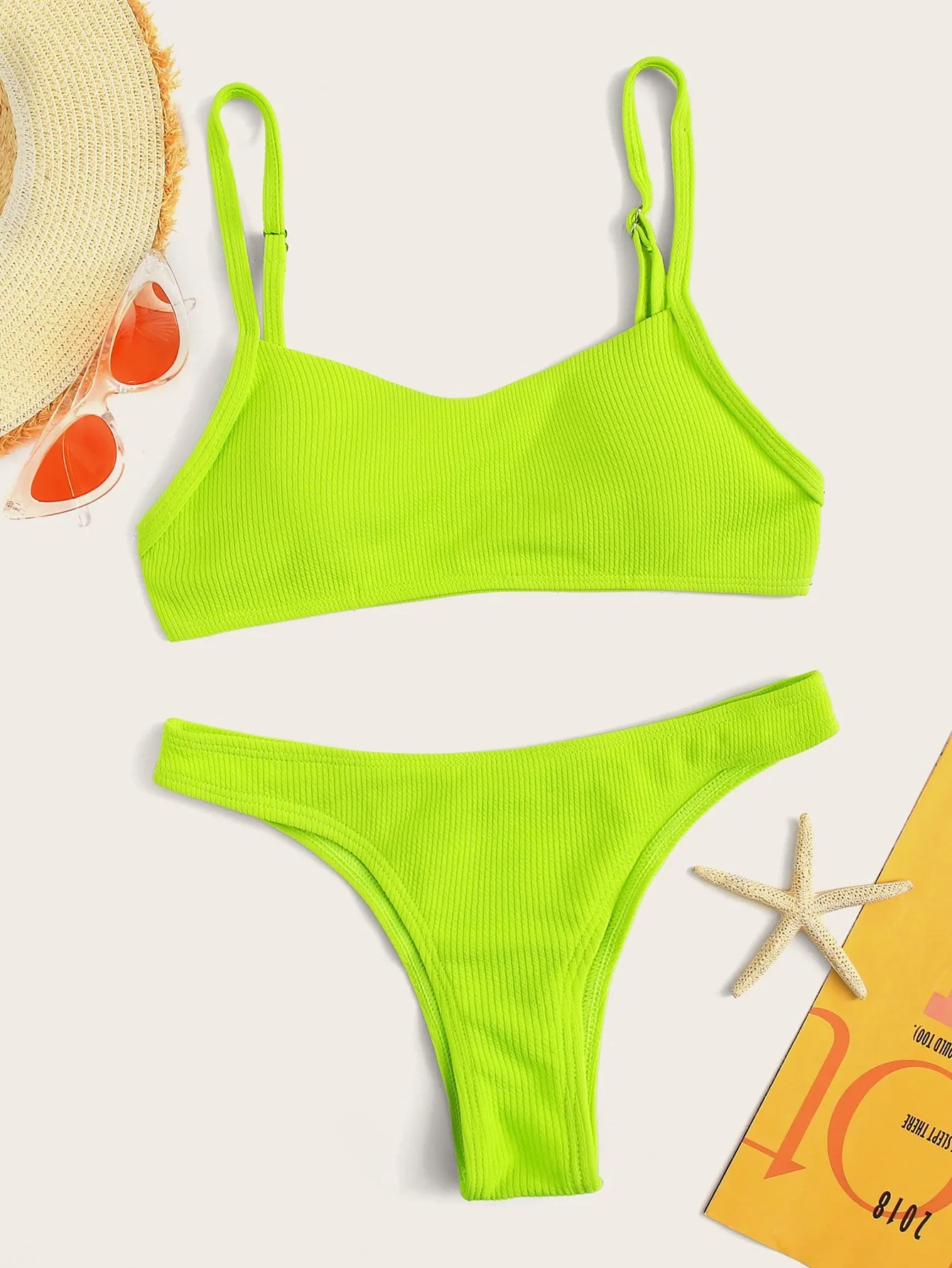 

2022 New Rib Two Piece Bikini Solid Color Spaghetti Straps Women's Sexy Swimwear Summer Swimwear To Beach High Quality High Cut