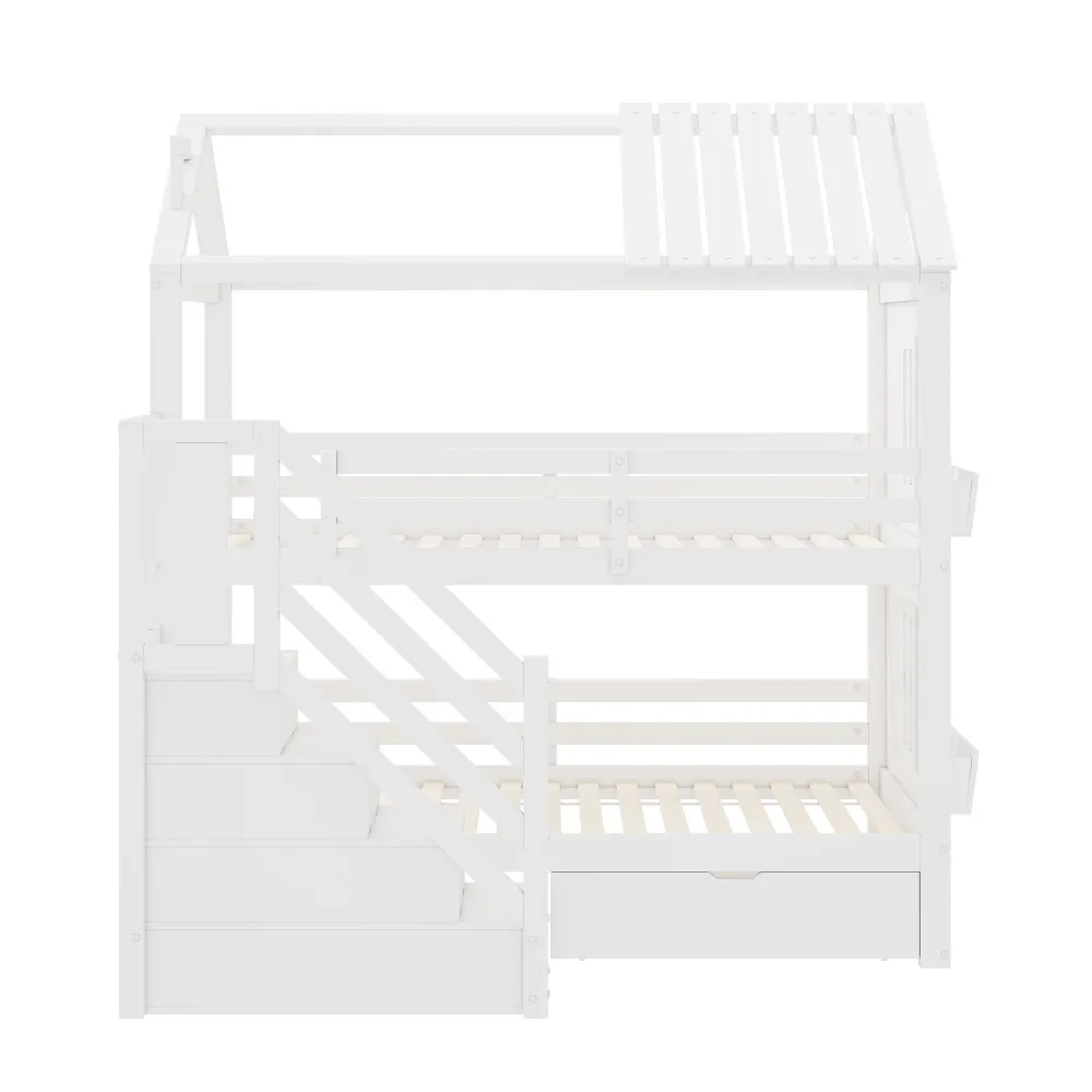 90*200cm Kinder-Etagenbett, mit Aufbewahrungstreppen & Schubladen & Regalen, extra großer Stauraum, ohne Matratze, Kiefer + MDF, Weiß – Detail 10
