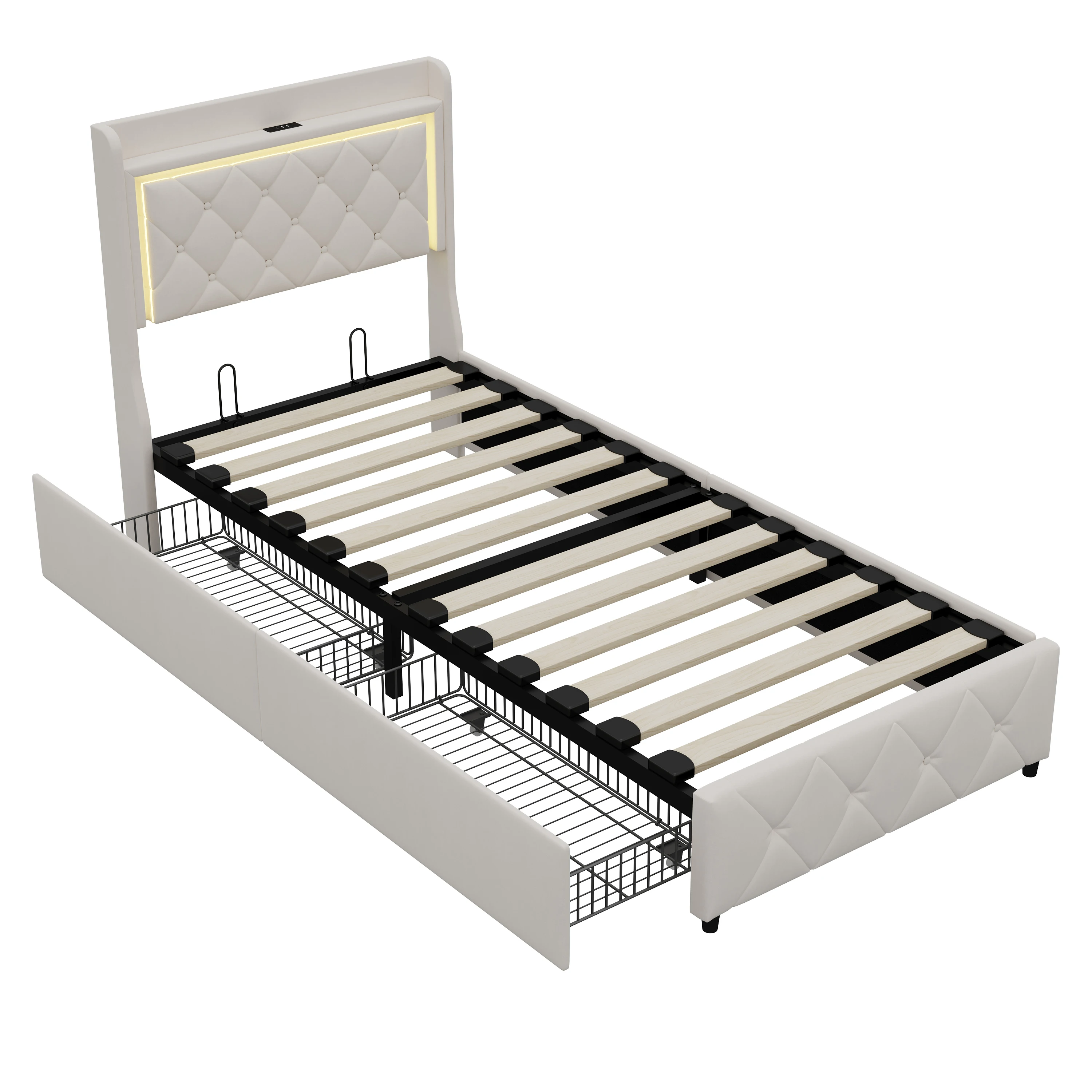 Superaly 90x200cm gepolstertes Einzelbett, Kinderbett, Jugendbett mit USB-Ladefunktion und LED-Beleuchtung, Samtstoff, Beige – Detail 12