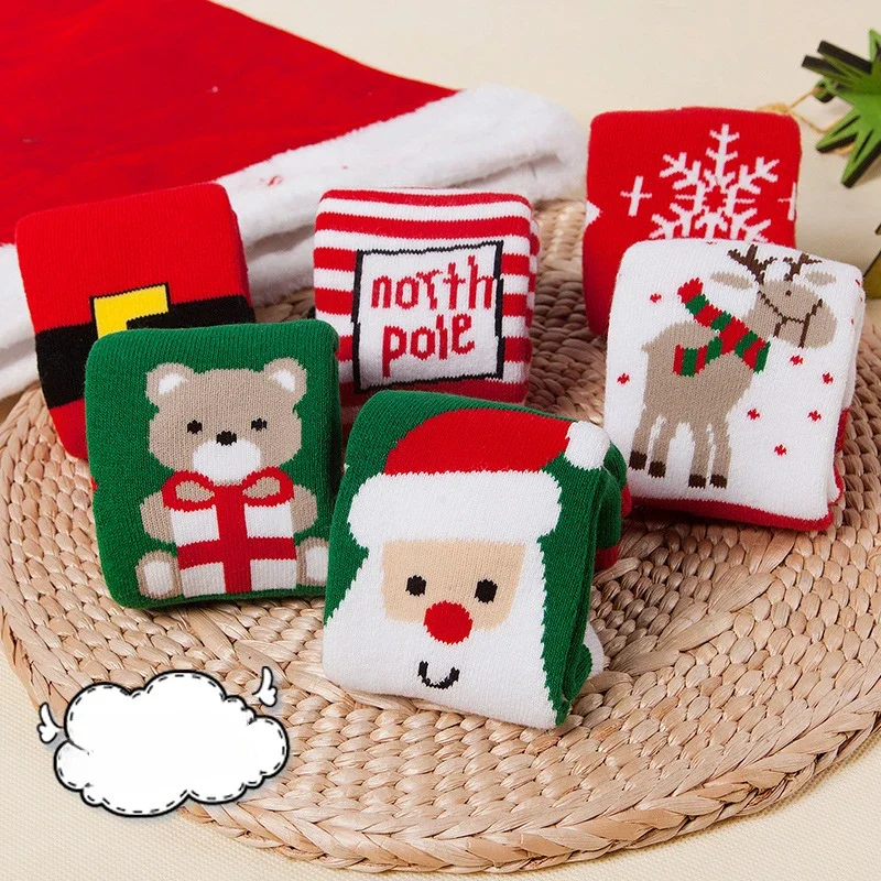 

2023 Winter 6 Pack New Year Christmas Terry Children's Socks Thickened Children's Cartoon Mid Tube Socks Baby Gift Socks