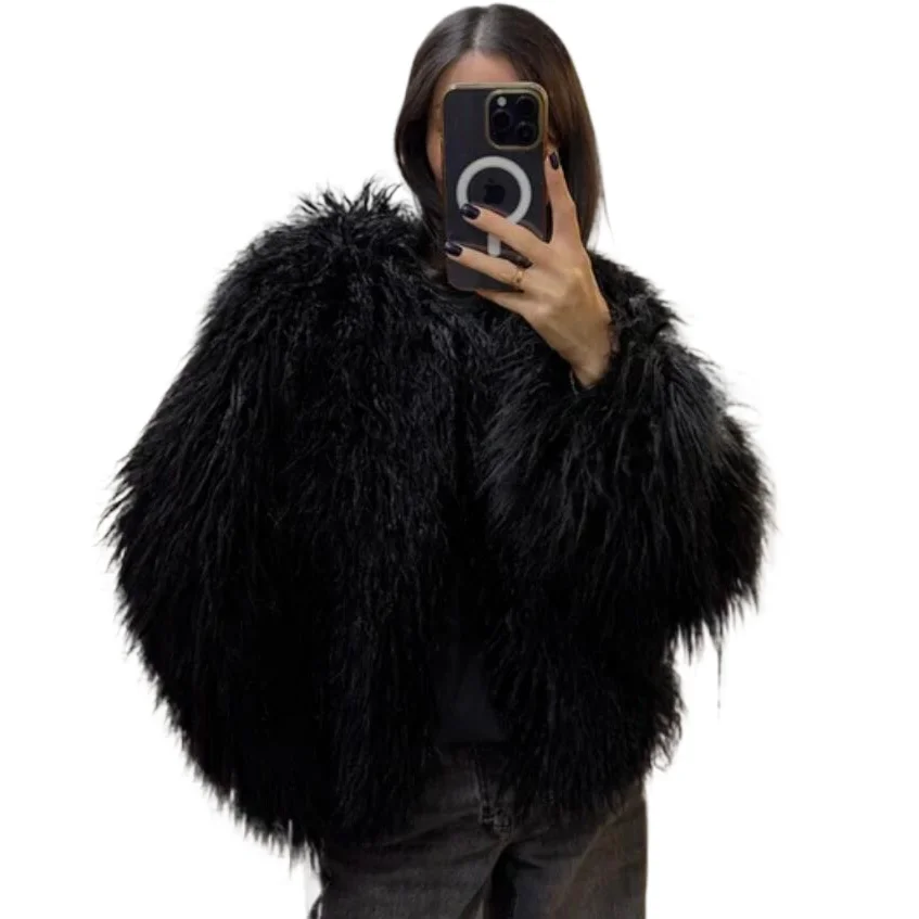 Minky V-Neck Breasted Faux Fur Coat