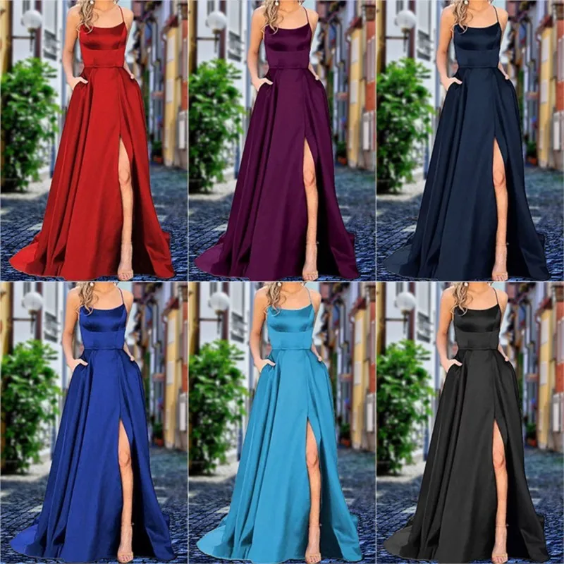 

Sexy Nipped Waist Split Prom Dress Elegant Women Party Night Formal Long Evening Spaghetti Straps Dress Elegant Wedding Vestidos