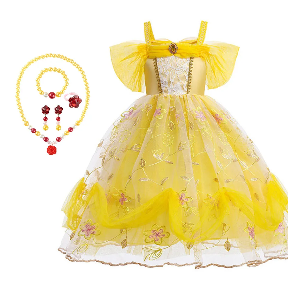 

Children Summer Belle Dress Kids Yellow Carnival Flower Disguise Girl Party Lace Princess Costume Halloween Off Shoulder Clothes