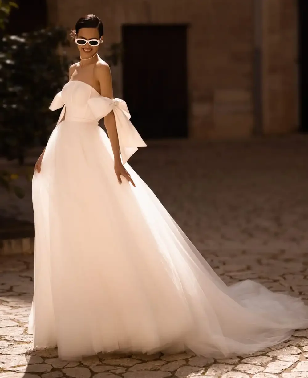 

KOYOUN Off Shoulder Simple Wedding Dresses Strapless A Line Bride Gowns with Bow Sleeves vestidos de novia 2024