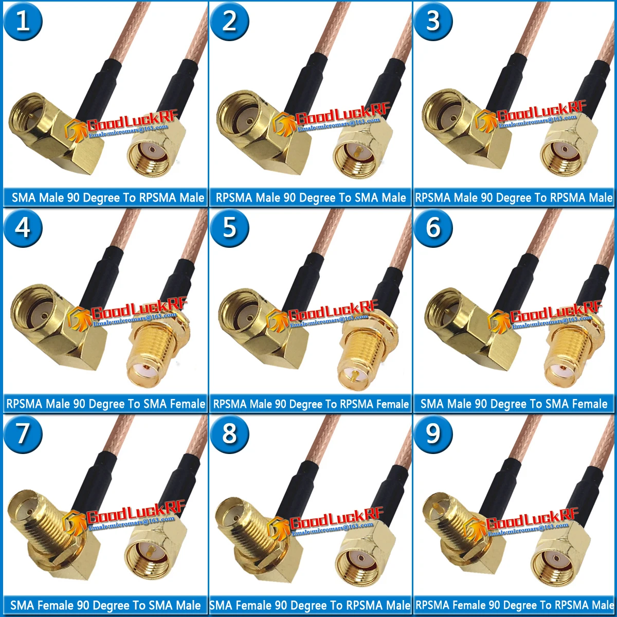 Set di Kit SMA maschio a SMA maschio e femmina RPSMA RP SMA rondella dado di montaggio paratia angolo retto 90 gradi treccia ponticello cavo RG316