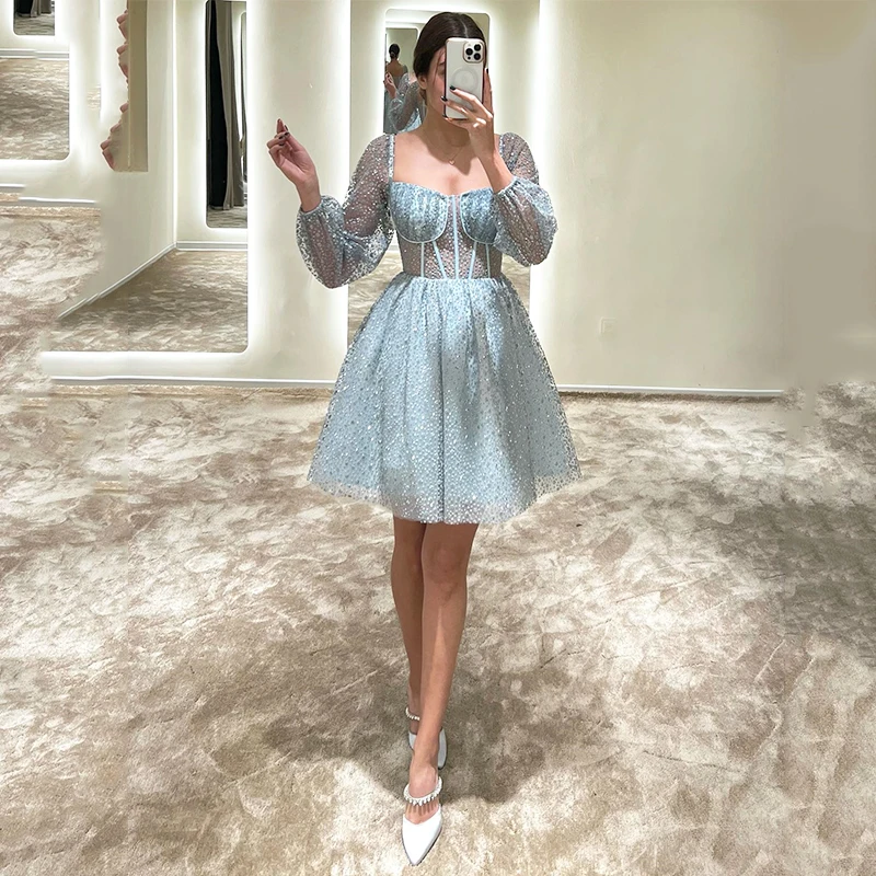 

UZN Modern Tea-Length A-Line Tulle Party Dresses Square Collar Long Sleeves Evening Dress New Arrive Prom Gowns Custom Size