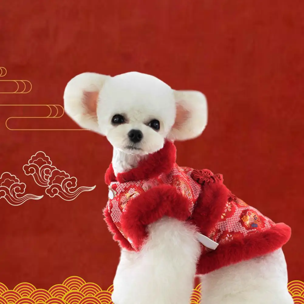 Chinese Designer Dog Clothes Pet Coat Festive Print Fur Collar Pet Dog Puppy New Year Costume Coat For Christmas