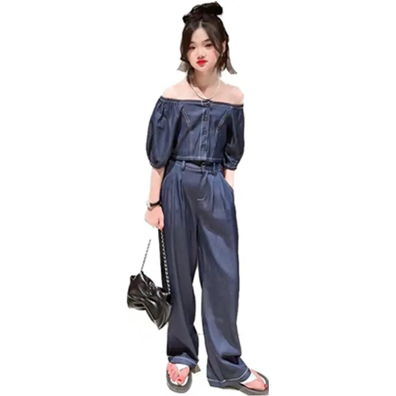 

Summer Teenage Girls Denim Clothes Set New Off Shoulder Short Sleeve Top + Wide Leg Pants 2pcs Kids Girls Clothing Suit Outfits