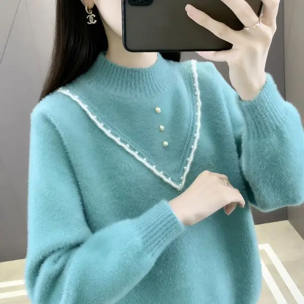 

Women's Clothing Sweater Autumn Winter New Casual Knit Tops Korean Style Fashion Turtleneck Pullover Imitation Mink Sweater V129
