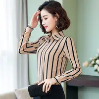 Fashion Striped Printing Shirt Tops Spring Summer New Long Sleeve Polo Neck All-match Slim Blouse Vintage Elegant Women Clothing 2