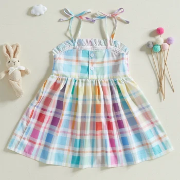 Girls Floral Print Dress Sleeveless Ruffle Hem Bow Tie Back Smocked Dress Toddler A-Line Dress with Embroidery 3
