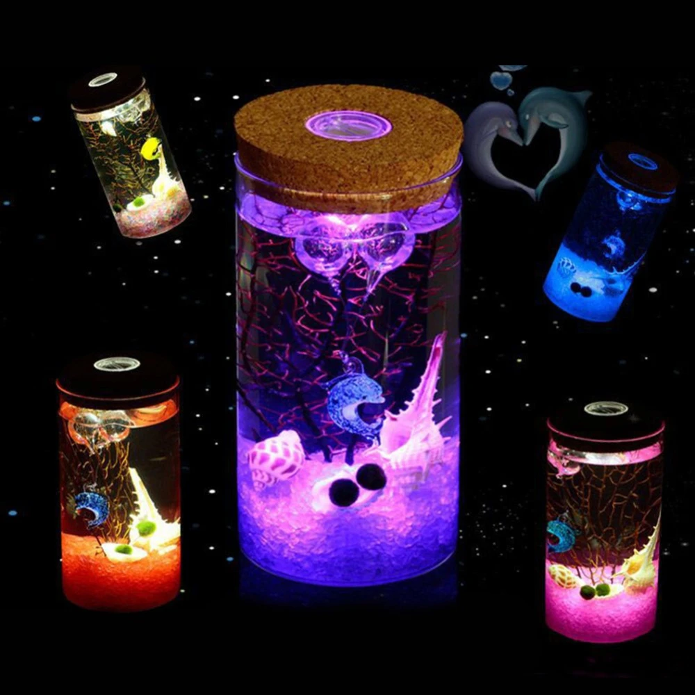 11/12cm Round Glass Jar Globe Terrarium Glass Jar with Colorful LED Light Cork Micro Landscape Ecological Bottle Night Lights moon night light