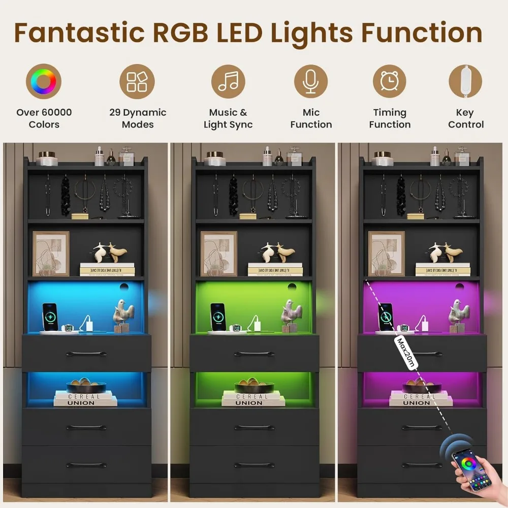 Tall Nightstand Set of 2 with Charging Station and LED Lights,Black Night Stand Set 2 with Bookshelf,Modern LED Bedside Tables 5