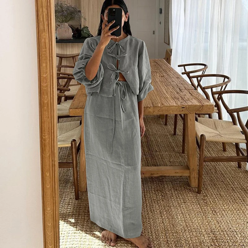 Casual Loose Khaki Cotton Linen 2 Piece Sets Women Vintage Puff Long Sleeve Lace-Up Shirt With High Waist Long Skirts Outfits