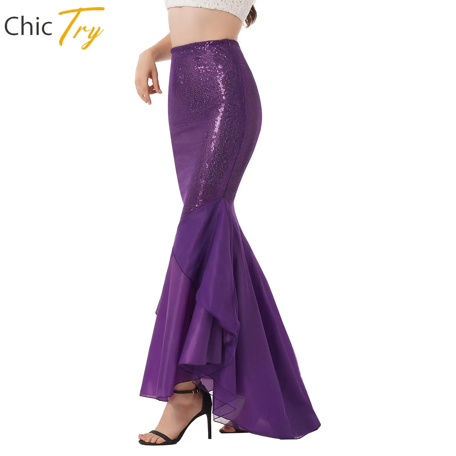 

Women Ladies Sequined Mermaid Tail Skirt Party Photography Costume Belly Dance Wear Performance Cosplay Costume Banquet Skirts