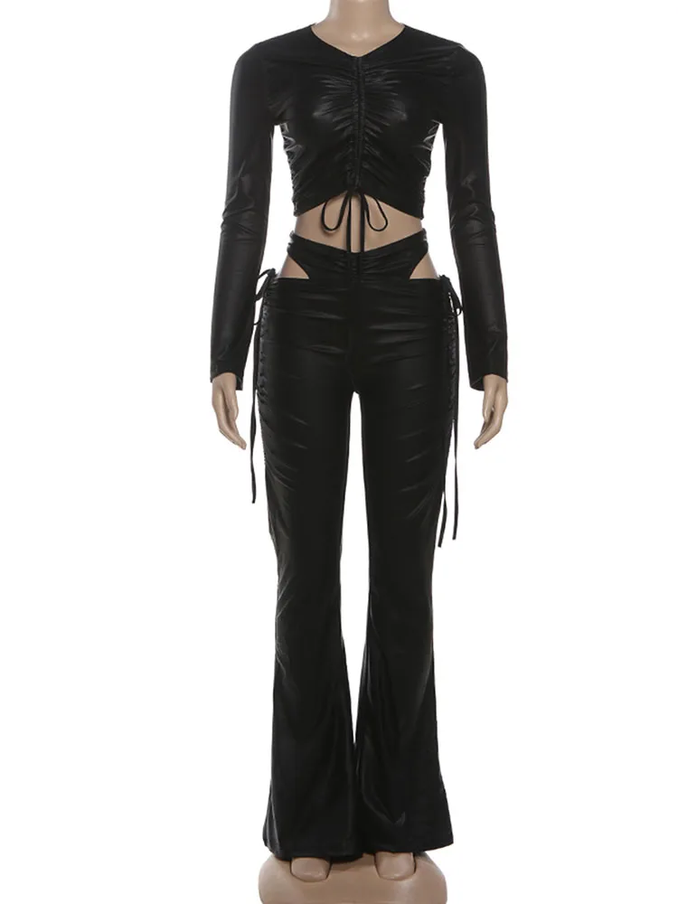 Nibber Fashion 2Piece Set Woman Ruched Shirring Full Sleeve Crop Tops+Hollow Design High Waist Long Pant Faux Leather Streetwear