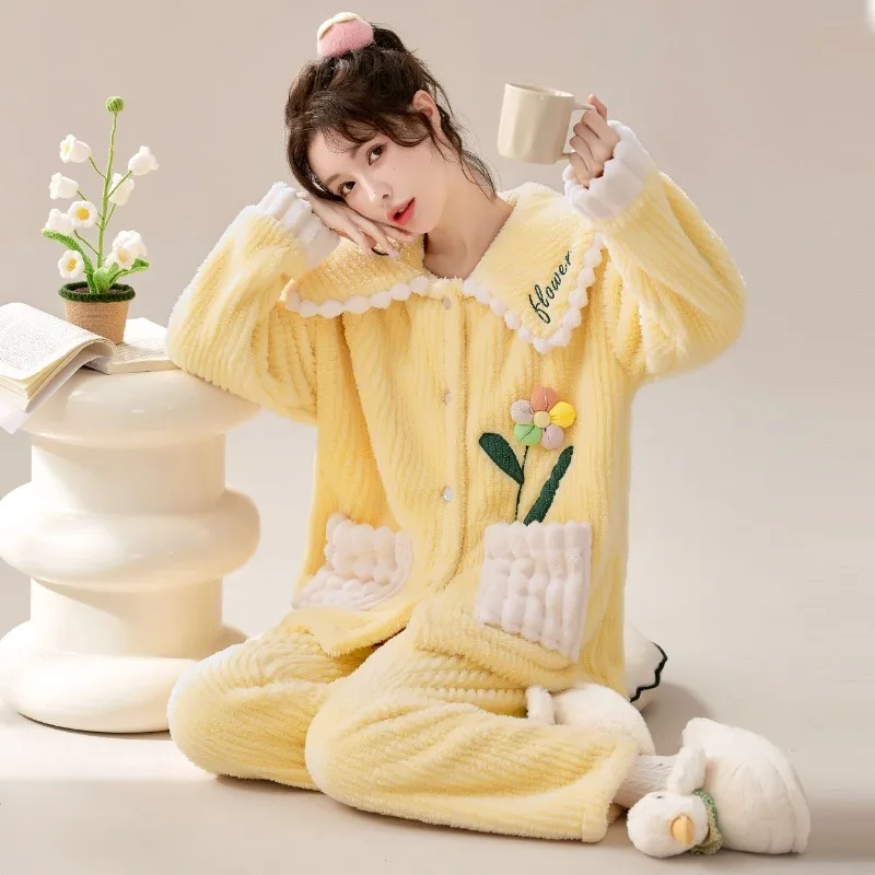 2024 New Women's Pyjama Sweet Pocket Flower Sleepwear Suit Girls Fall Winter Loungewear Flannel Casual Pajamas Two Pieces Set