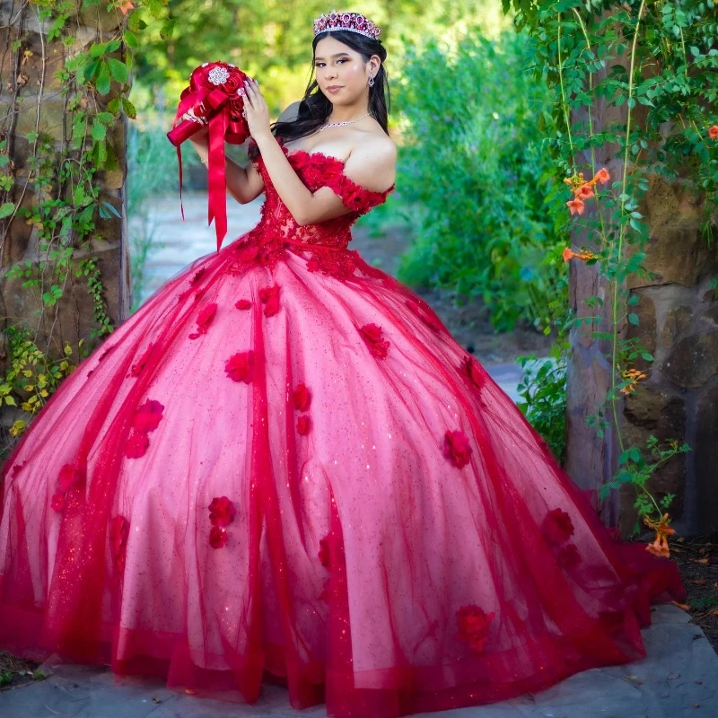 

Роскошное красное бальное платье Quinceanera, платье принцессы, часовни, шлейф, Цветочный Тюль, с оборками, с открытыми плечами, милое платье для дня рождения 15 16