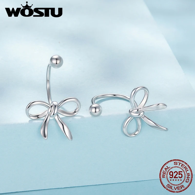 WOSTU Orecchini in argento sterling 925 con fiocco sul davanti e sul retro per le donne, giacche con orecchini a cuore, regalo di gioielli per anniversario di compleanno