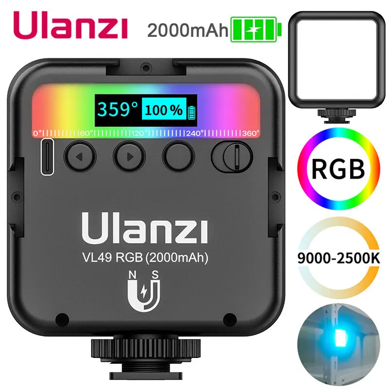 Ulanzi VL49 RGB видеопроектор, мини-фотокамера, светильник 2000 мАч, перезаряжаемая 2500-9000K, с регулируемой яркостью, с креплением для холодного башмака