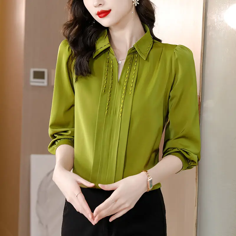 Simplicity Fashion Polo-Neck Solid Color Blouse Office Lady 2023 Spring Elegant Chic Spliced Long Sleeve Shirt Women's Clothing