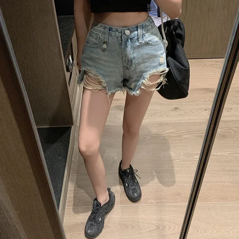2024 summer Women Vintage High Waist Jeans Shorts Sexy Ripped All-match Hot Shorts Blue Beach Micro Mini Y2k Girls Denim Shorts