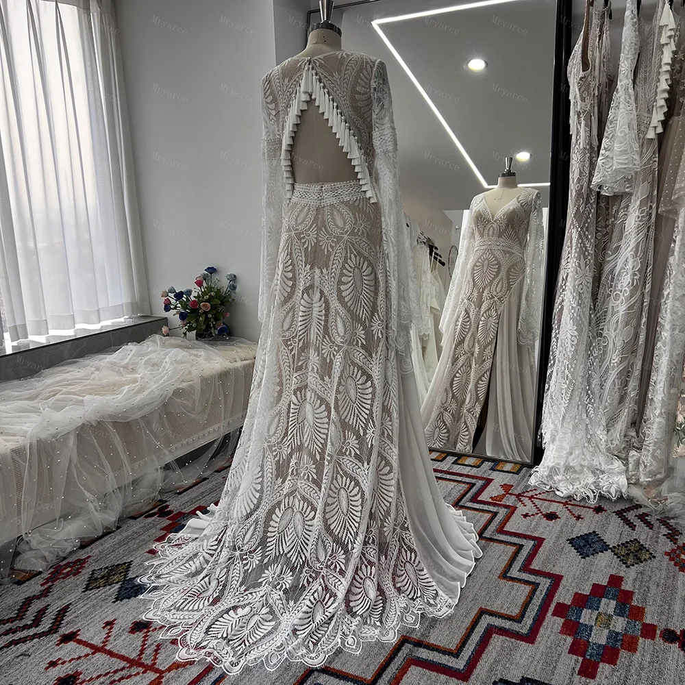 Mryarce Trendy Long Boho Sleeves Lace A Line Wedding Dresses Side Slit Keyhole Back Bohemian Bridal Gowns 4