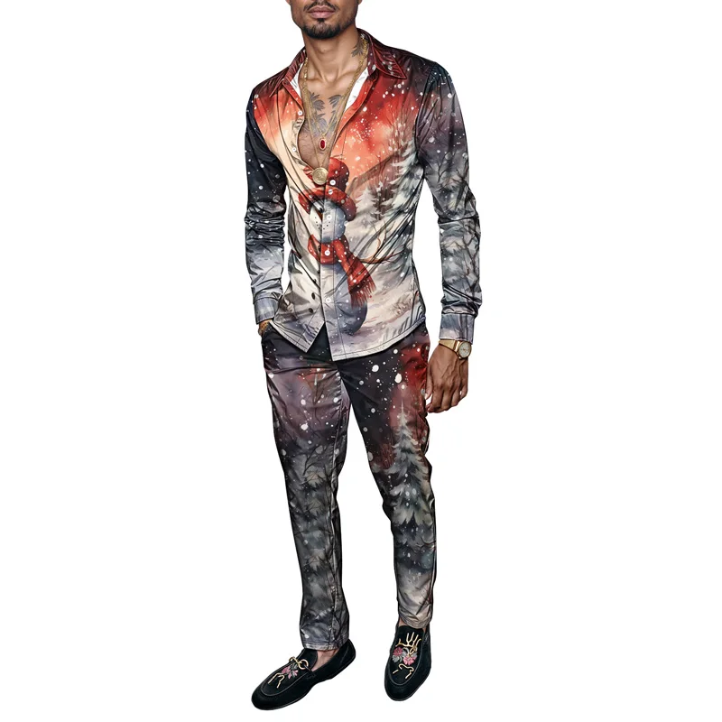 2025 Trendy Spring Summer Men Shirt Set Christmas Print Fashion Gingerbread Man Two Piece Set Mens Snowman Lightweight Party_viptrois.com