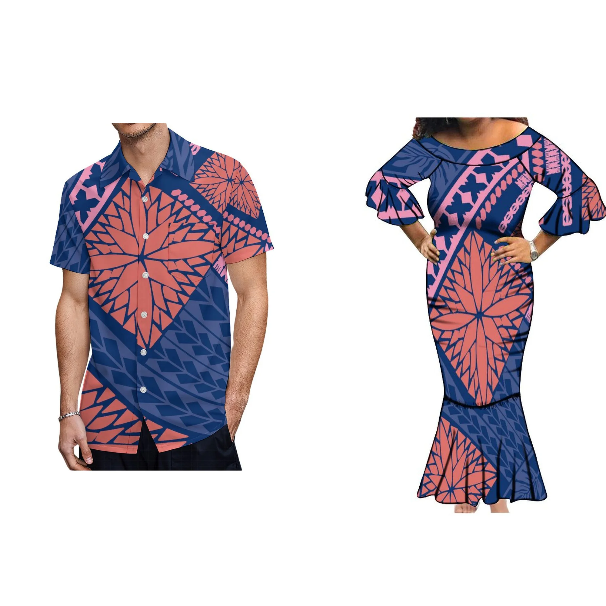 Samoa Combo Short Sleeve Dress And Shirt Hibiscus With Polynesian Pattern Blue Version