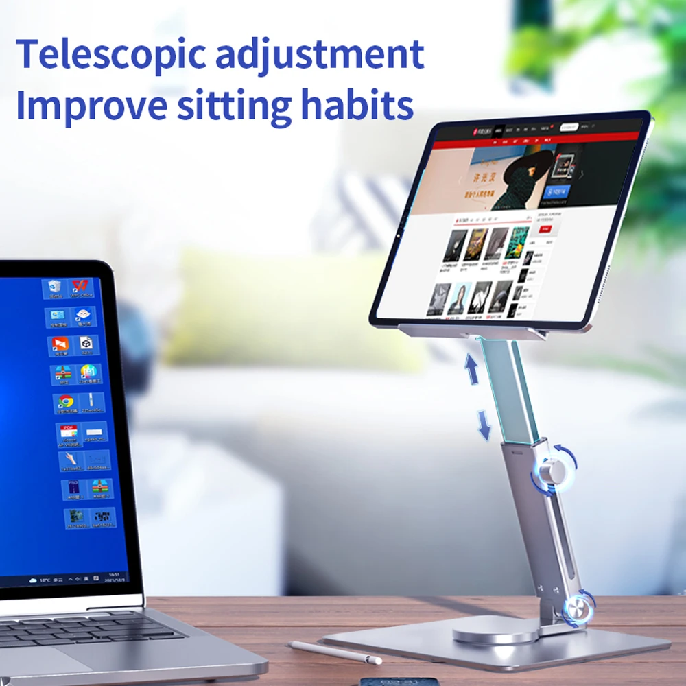 Tablet Stand Desk Riser Rotação 360 Multi-ângulo Altura Ajustável Suporte Dobrável Dock para Xiaomi Ipad Tablet Laptop - Imagem 3