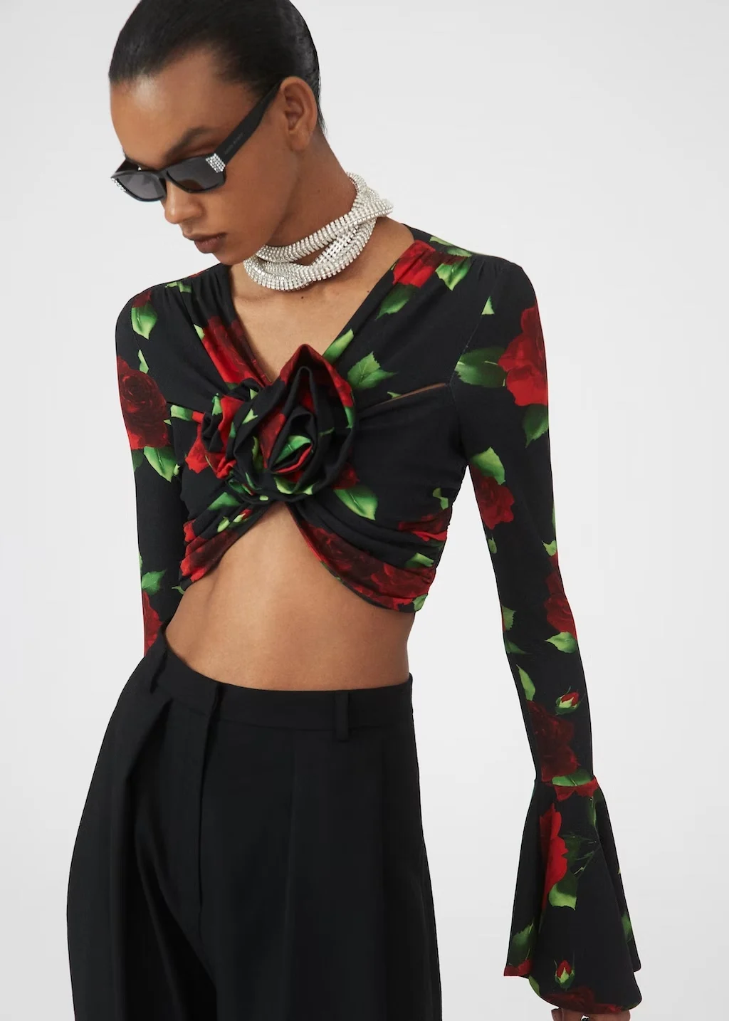 

Women Tees V-Neck Printed Pleated Flare Long Sleeve Slim Fashion Short Tops Sweet Spring Summer 2023 New