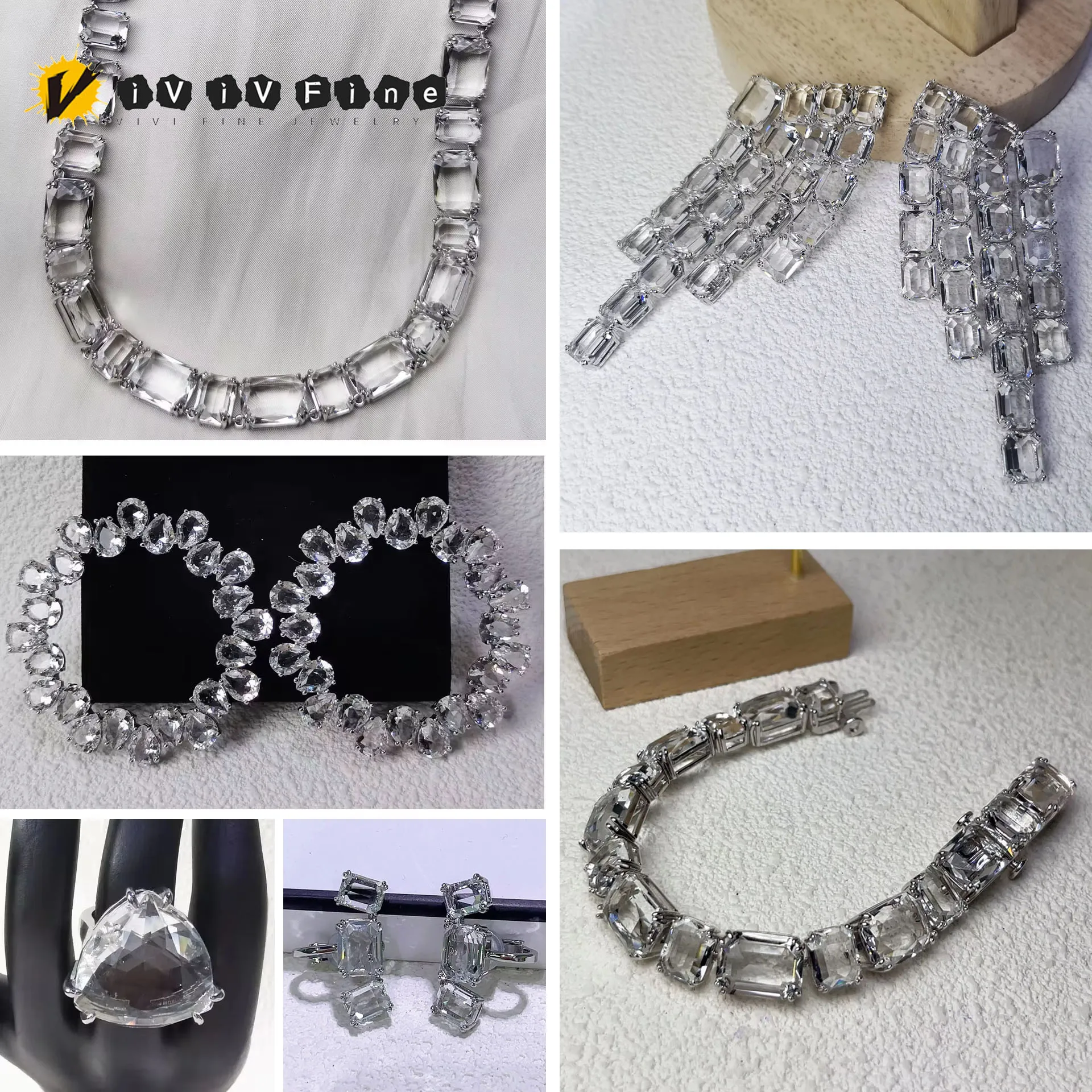 2025 Original Geometric Cut Crystal Fine Jewelry Set for Women High Quality Necklace Earrings Bracelet Ring Wedding Accessories 1