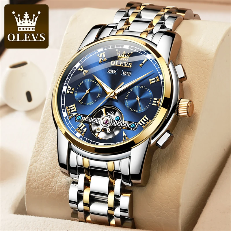 OLEVS Mens Watches Top Brand Luxury Tourbillon Mechanical Watch for Men Stainless Steel Waterproof Calendar Business Men Watches