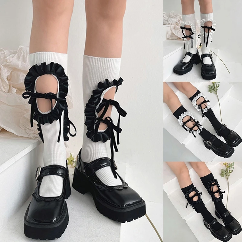 

Japanese Women Ribbed Calf Socks Harajuku Hollow Out Hole Ruffled Patchwork Lace-Up Bowknot Cotton Tube Stockings