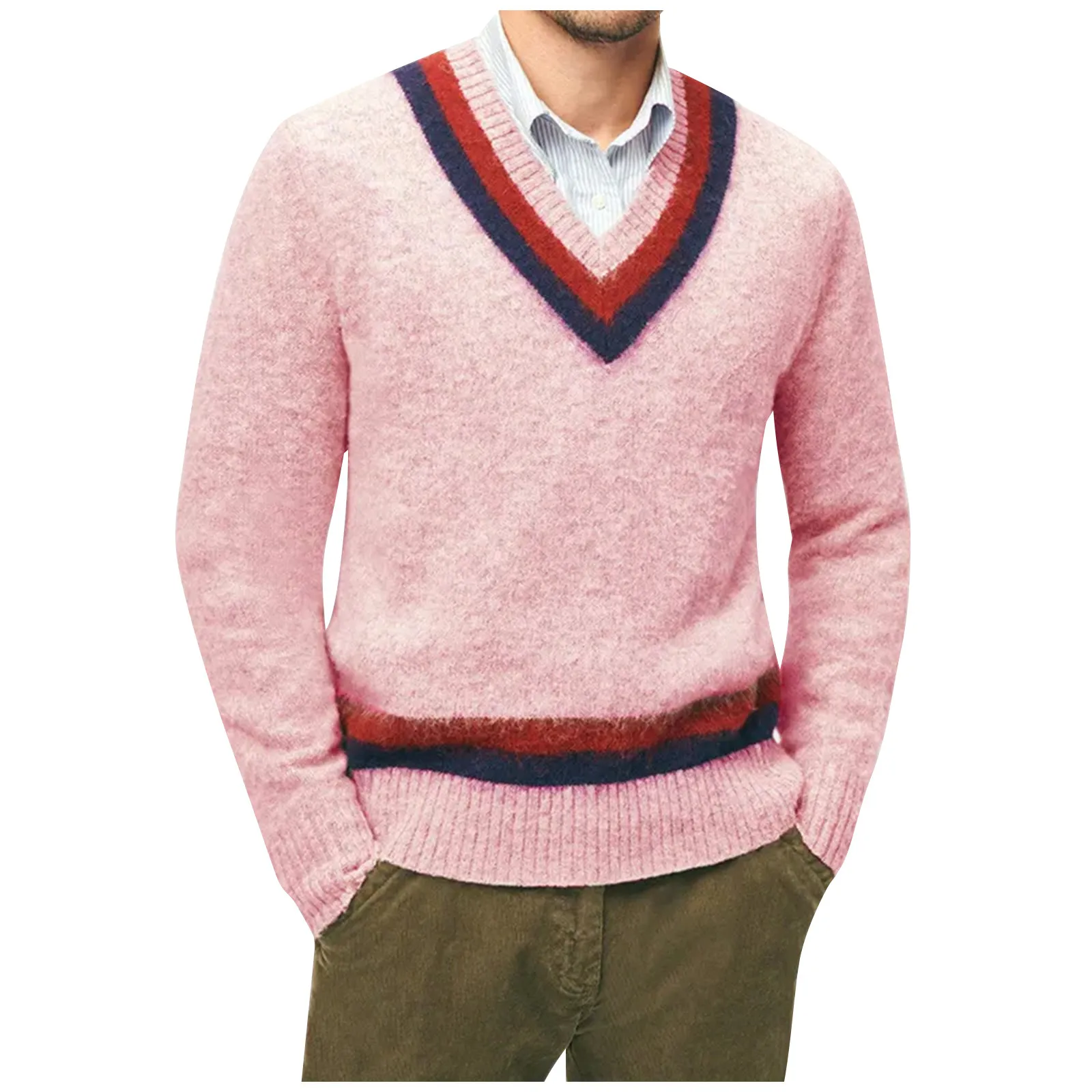 

Business Knitted Sweaters for Men Pink V Neck Green Pullovers Man Clothes 90s Vintage Classic Over Fit Knit Jumpers Mode