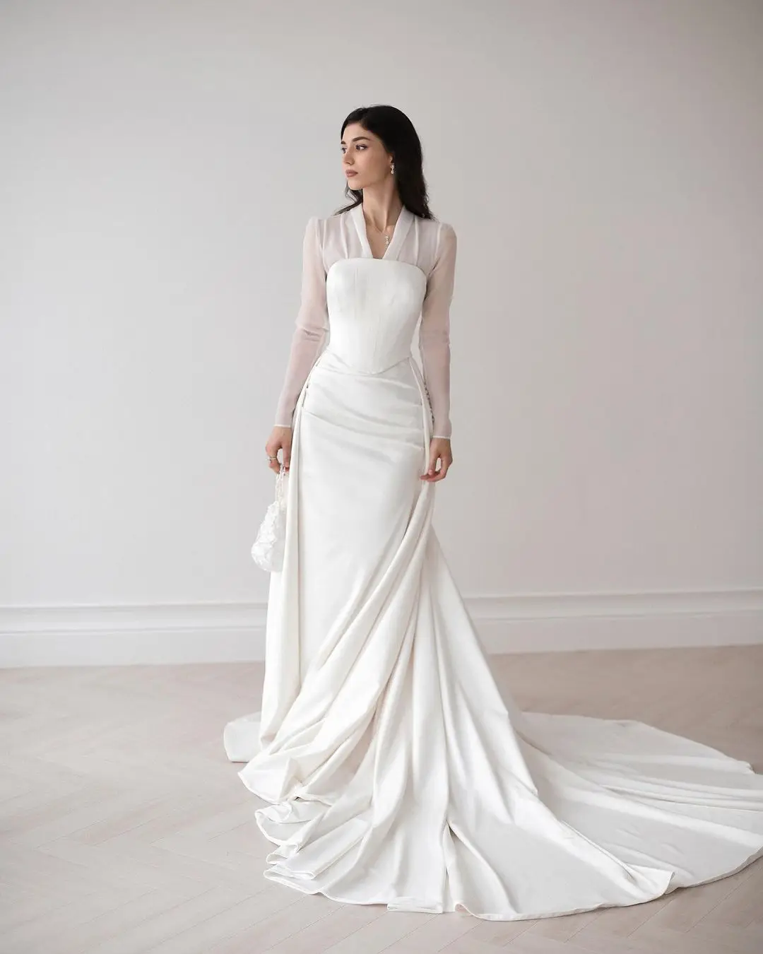 

Elegant Long Soft Satin Evening Party Dress Prom Dresses with Long Sleeves V-neck Wedding Bride Gown for Women Vestidos De Noche