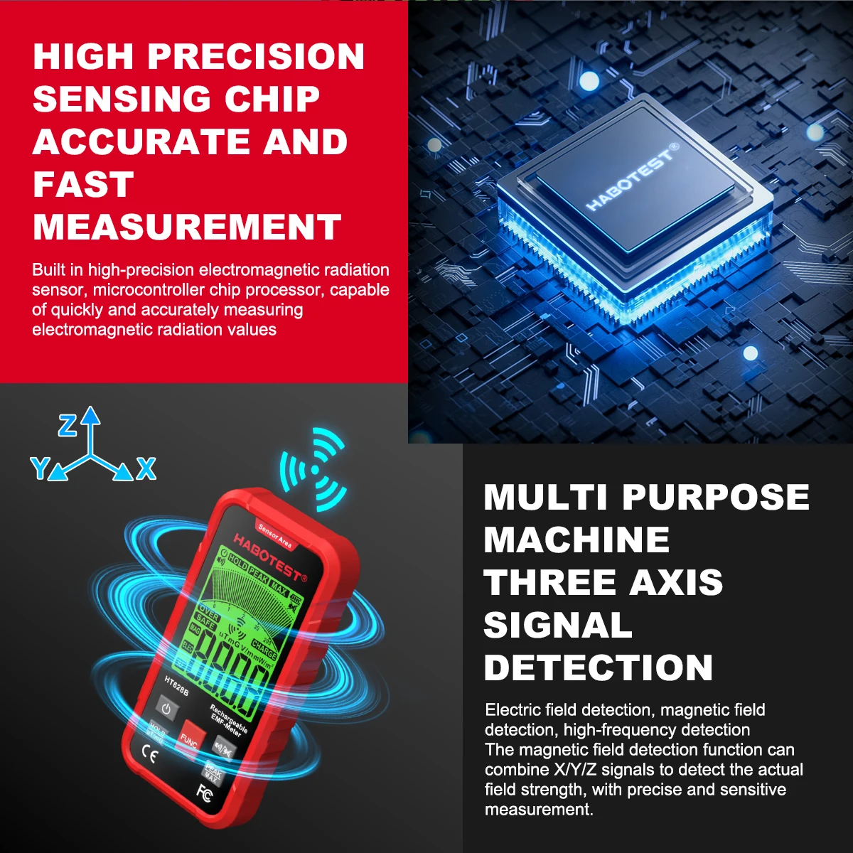 Radiation Detector Emf Meter Tester HT628 EMF Meter 3-in-1 Electromagnetic Radiation Tester Electric Field Magnetic Field RF Radiation Radio Frequency Detector