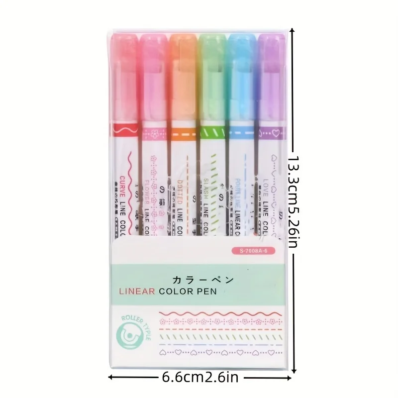 Highlighter Pen Roller Tip Curve Liner Marker 6Pcs/Set