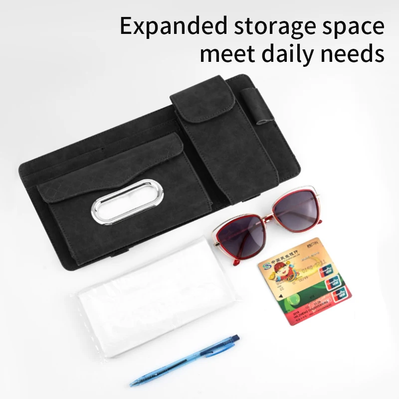 Suede Car Sun Visor Storage Bag with Glasses Case and Tissue Holder